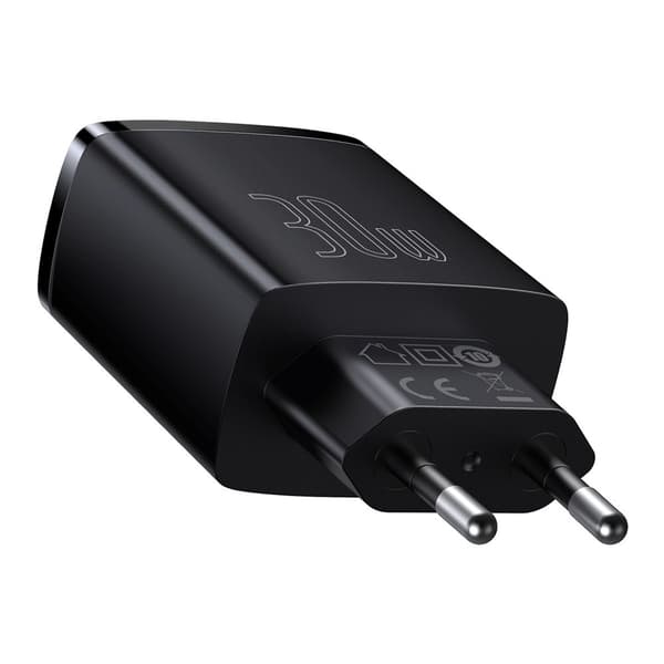 Kompakt hurtig vægoplader 2x USB USB-C 30W 3A PD QC sort