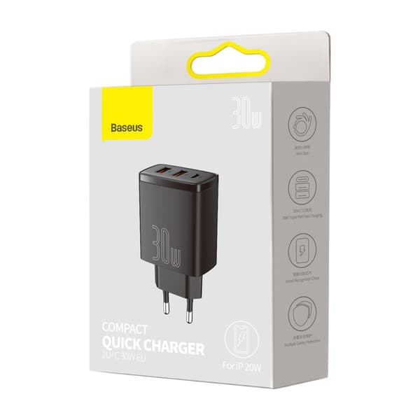 Kompakt hurtig vægoplader 2x USB USB-C 30W 3A PD QC sort