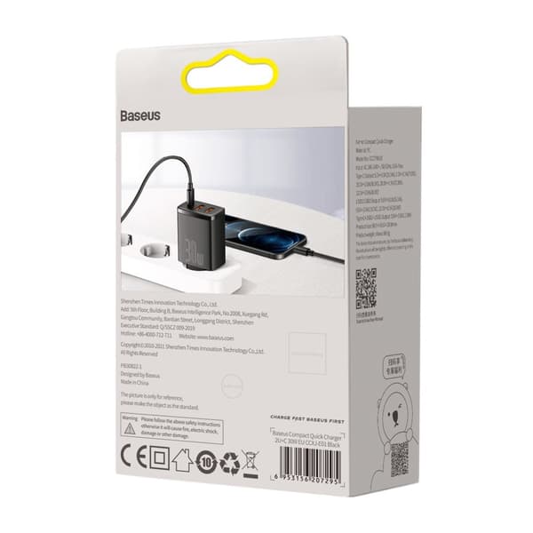 Kompakt hurtig vægoplader 2x USB USB-C 30W 3A PD QC sort
