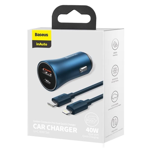 Hurtig 40W PD QC USB-C / USB biloplader + blåt iPhone kabel
