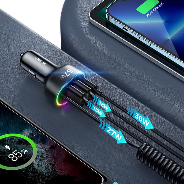 4i1 Hurtig USB-C PD biloplader 2x USB QC3 med Lightning kabel 1,6m 57W sort