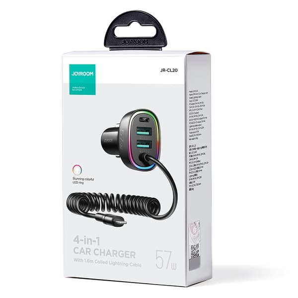 4i1 Hurtig USB-C PD biloplader 2x USB QC3 med Lightning kabel 1,6m 57W sort