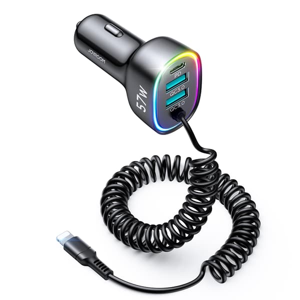 4i1 Hurtig USB-C PD biloplader 2x USB QC3 med Lightning kabel 1,6m 57W sort