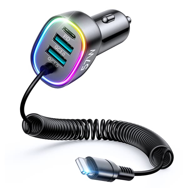 4i1 Hurtig USB-C PD biloplader 2x USB QC3 med Lightning kabel 1,6m 57W sort