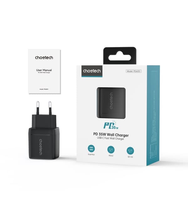 Lille, kraftfuld GaN 2x USB-C PD 35W netoplader med sort display