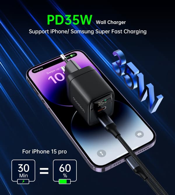 Lille, kraftfuld GaN 2x USB-C PD 35W netoplader med sort display