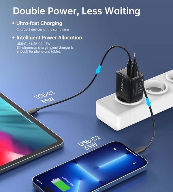 Lille, kraftfuld GaN 2x USB-C PD 35W netoplader med sort display