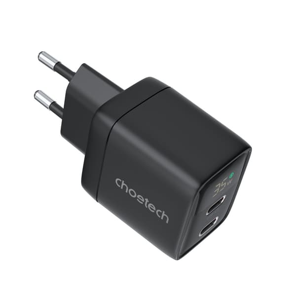 Lille, kraftfuld GaN 2x USB-C PD 35W netoplader med sort display