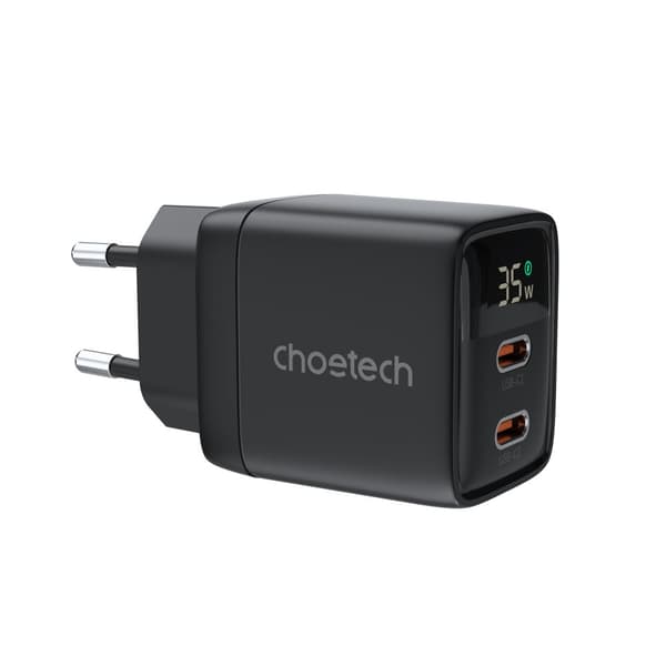 Lille, kraftfuld GaN 2x USB-C PD 35W netoplader med sort display