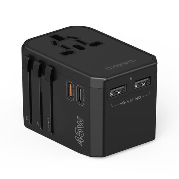 Universal rejseoplader 2x USB-C 2x USB-A PD 45W US EU UK AU Stik Sort