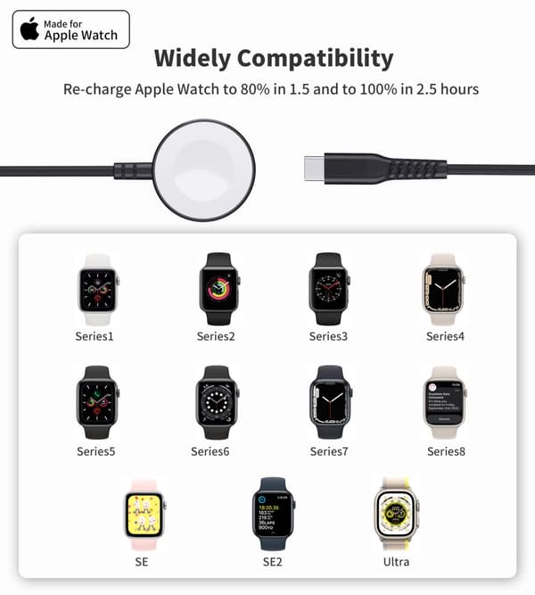 5W induktiv oplader til Apple Watch + USB-C kabel, sort