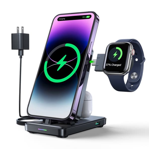 4in1 latausasema iPhone AirPods Apple Watch USB-A, taitettava, musta