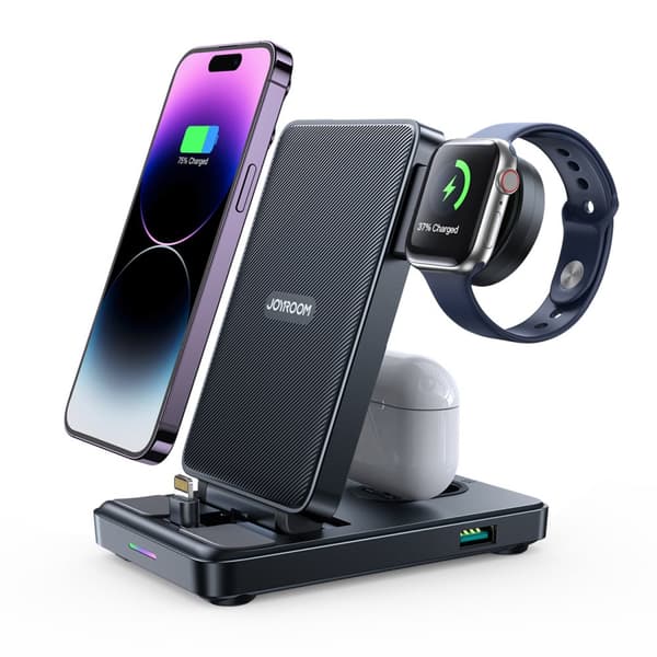 4in1 latausasema iPhone AirPods Apple Watch USB-A, taitettava, musta