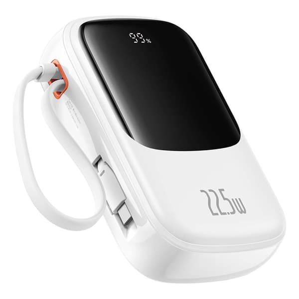 Qpow Pro+ 20000mAh powerbank med USB-C kabel og skærm - hvid