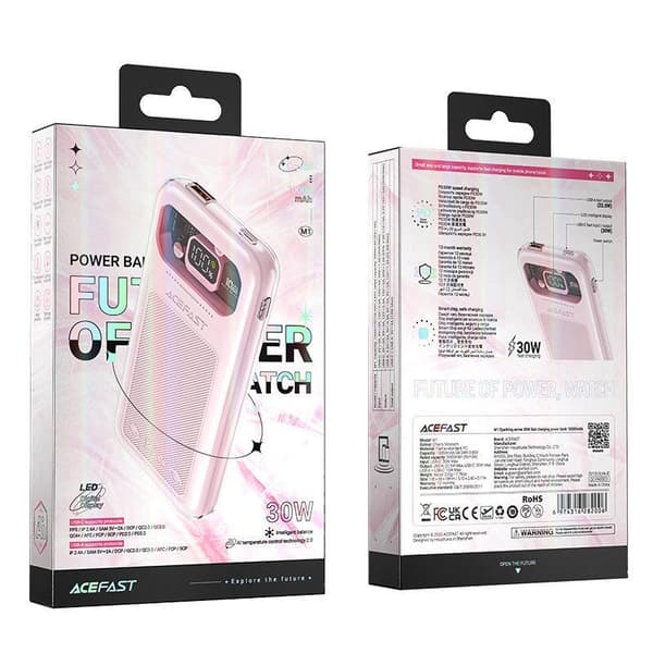 Powerbank 10000mAh Sparkling Series hurtigopladning 30W pink
