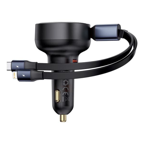 Biloplader med USB-C og udtrækkeligt USB-C kabel til iPhone 60W, sort
