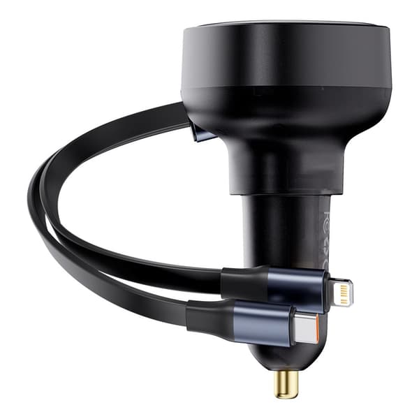 Billaddare med USB-A och utdragbar USB-C-kabel för iPhone 60W, svart