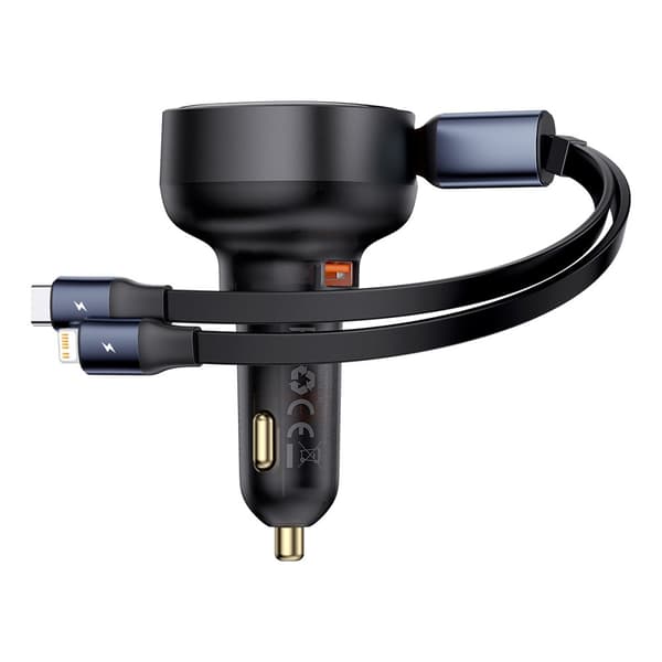 Billaddare med USB-A och utdragbar USB-C-kabel för iPhone 60W, svart Svart