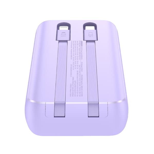 Powerbank 30W 10000mAh med indbygget iPhone Lightning og USB-C kabler lilla