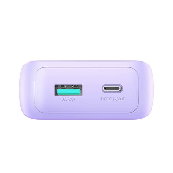Powerbank 30W 10000mAh med indbygget iPhone Lightning og USB-C kabler lilla