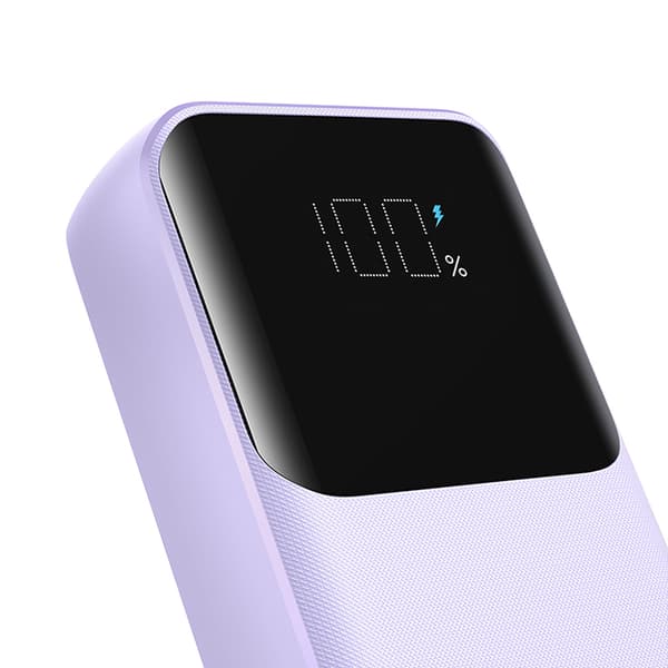 Powerbank 30W 10000mAh med indbygget iPhone Lightning og USB-C kabler lilla