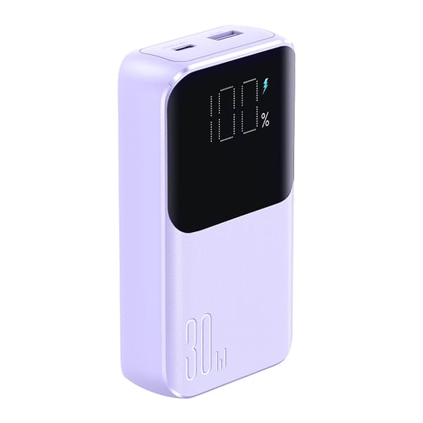 Powerbank 30W 10000mAh med indbygget iPhone Lightning og USB-C kabler lilla