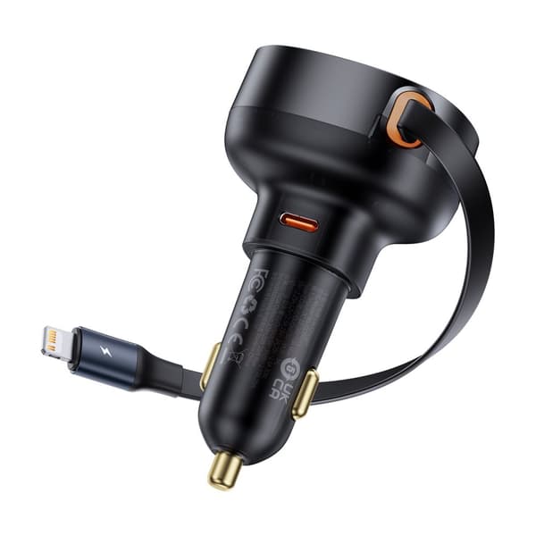 Biloplader med udtrækkeligt kabel til iPhone Lightning USB-C 60W, sort Sort