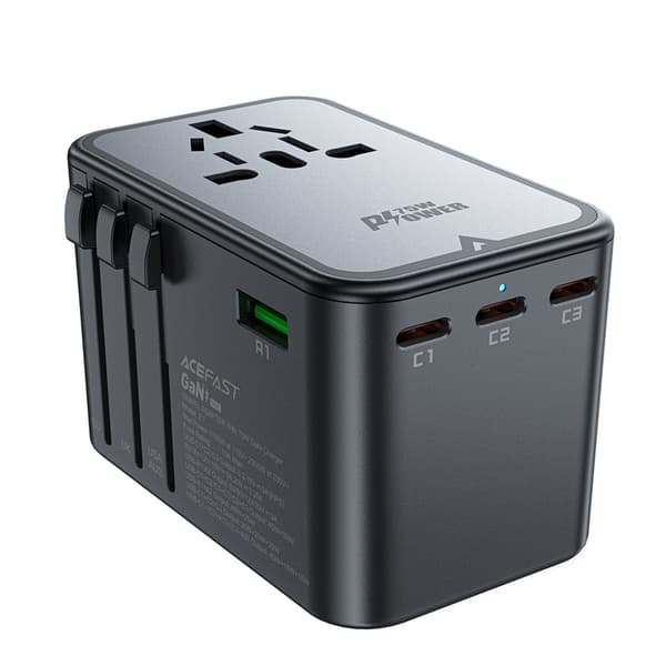 Universaali GaN-matkalaturi 2x USB-A 3x USB-C liittimet UK EU USA AUS Musta