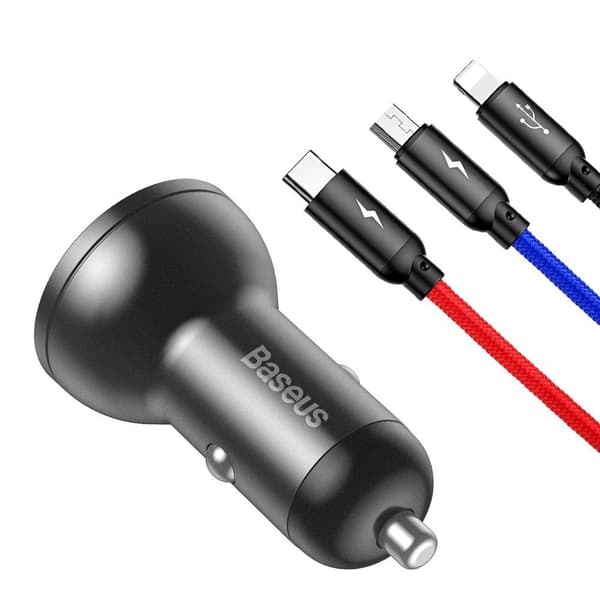 Biloplader 2x USB 4.8A 24W med LCD display + 3-i-1 kabel 1,2m sort