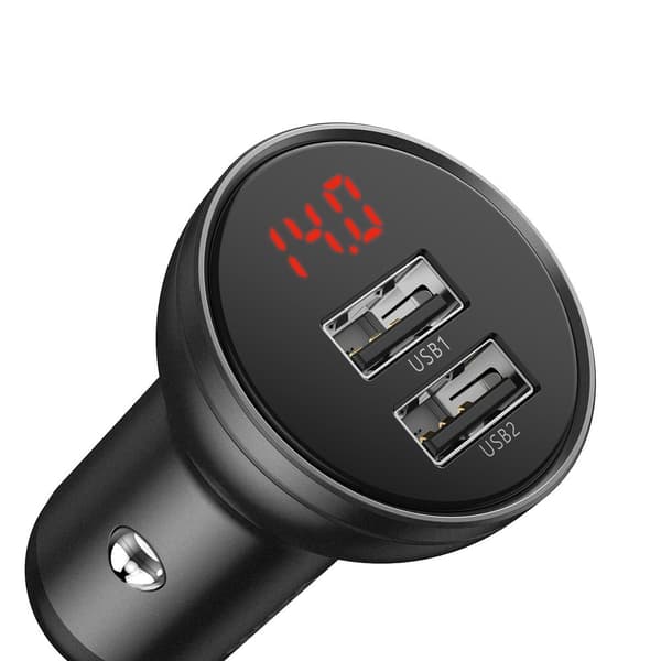 Biloplader 2x USB 4.8A 24W med LCD display + 3-i-1 kabel 1,2m sort