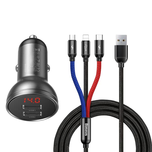 Biloplader 2x USB 4.8A 24W med LCD display + 3-i-1 kabel 1,2m sort Sort, Grå
