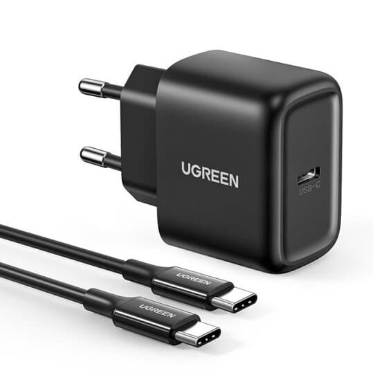 USB-C 25W PD telefonoplader + 2m sort USB-C kabel