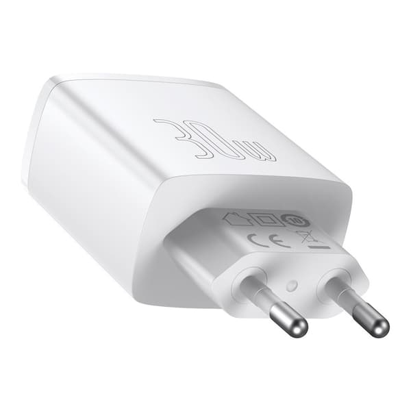 Kompakti nopea seinälaturi 2x USB USB-C 30W 3A PD QC valkoinen