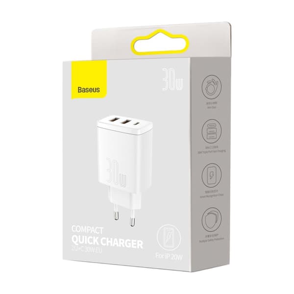 Kompakti nopea seinälaturi 2x USB USB-C 30W 3A PD QC valkoinen