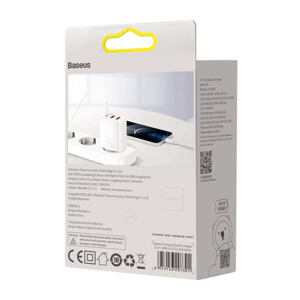 Kompakti nopea seinälaturi 2x USB USB-C 30W 3A PD QC valkoinen