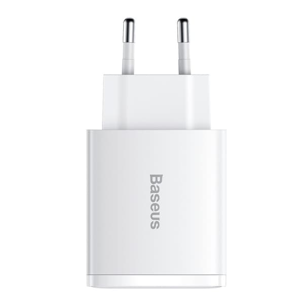 Kompakti nopea seinälaturi 2x USB USB-C 30W 3A PD QC valkoinen