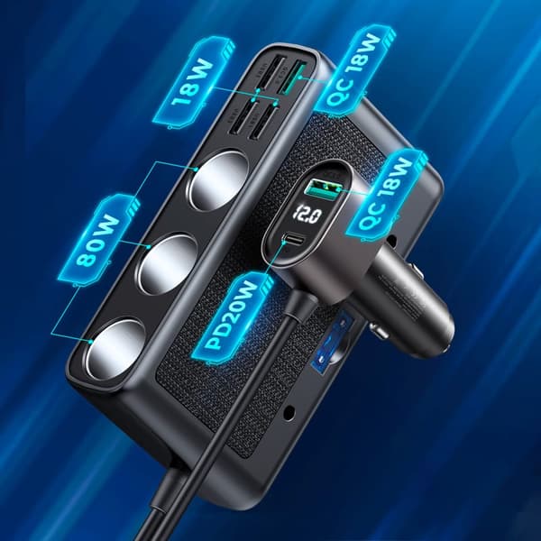 9 i 1 biloplader splitter 5x USB 1x USB-C 3x cigarettænderstik PD QC sort