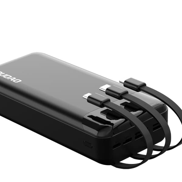 Tilava 20 000 mAh virtapankki, jossa on 3 sisäänrakennettua USB-C microUSB Lightning -kaapelia, musta