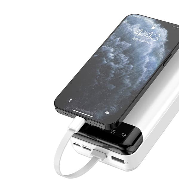 Tilava 20 000 mAh virtapankki, jossa on 3 sisäänrakennettua USB-C microUSB Lightning -kaapelia, musta