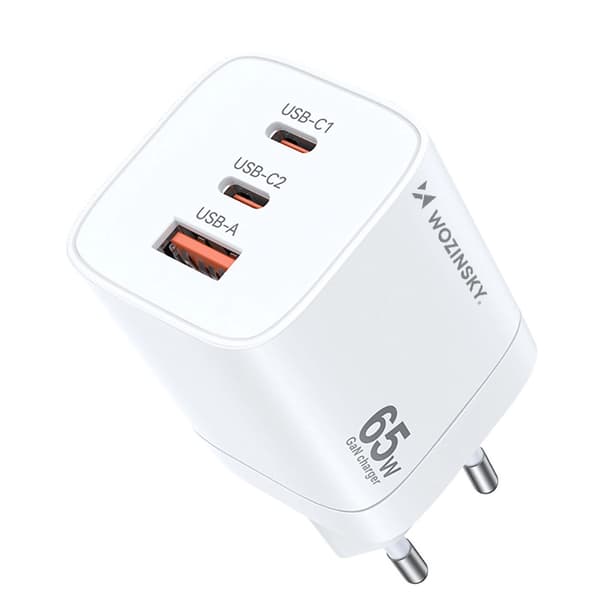 GaN 65W vegglader med 2 USB-C og 1 USB-A