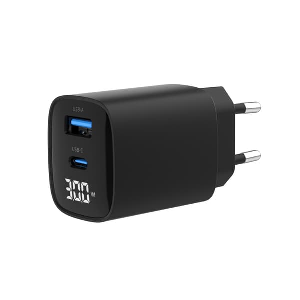 USB-laturi LED-näytöllä 20W USB QC3.0 ja 30W USB-C PD - musta