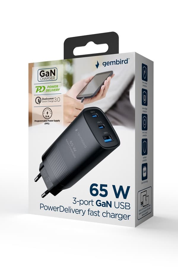 Gembird TA-UC-PDQC65-01-BK 3-ports 65 W GaN USB PowerDelivery hurtigoplader, sort