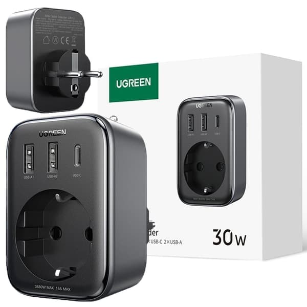 30 W nettlader (2xUSB/USB C/AC) / EU-adapter - EU 13A Ugreen CD314 - svart