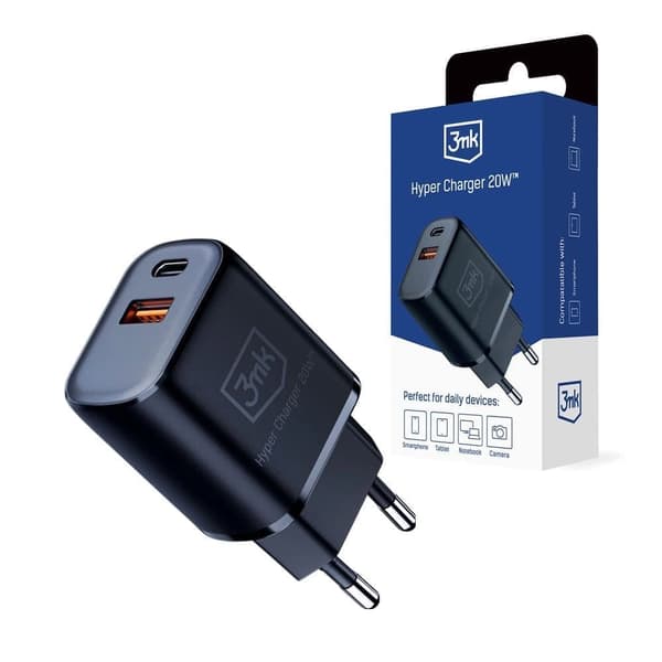 3mk Hyper Charger 20W USB-C USB-A vegglader - svart