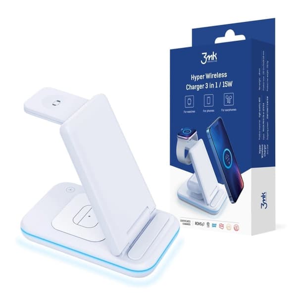3mk Hyper Wireless Charger 3in1 15W induktiv lader for smarttelefon / smartklokke / hodetelefoner - hvit