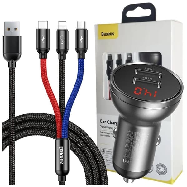 Baseus billader 2x USB 4.8A 24W LCD + 3in1 USB - USB Type C / micro USB / Lightning-kabel 1.2m svart (TZCCBX-0G) Sort, Grå