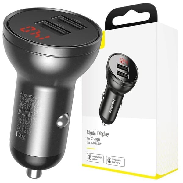 Baseus billader 2x USB 4.8A 24W LCD med grå (CCBX-0G)