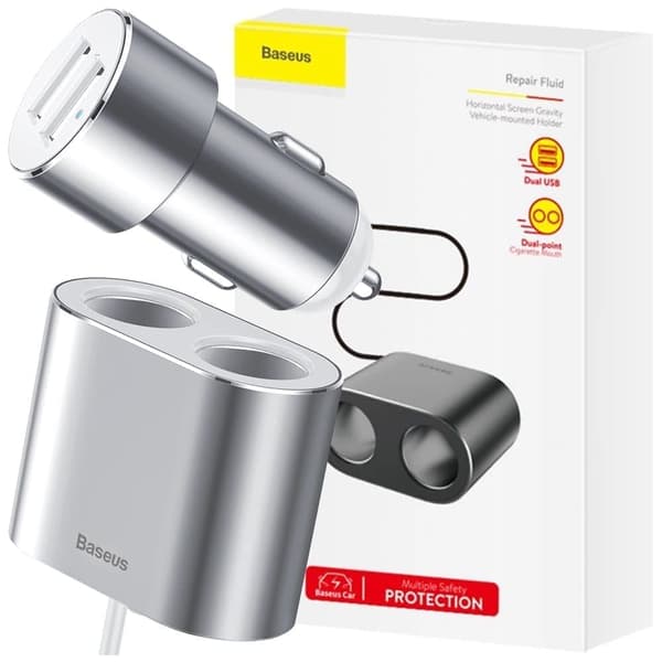 Baseus CRDYQ-0S fordeler 2x sigarettennertilkobling 80W 2x USB-A 3.1A - sølv