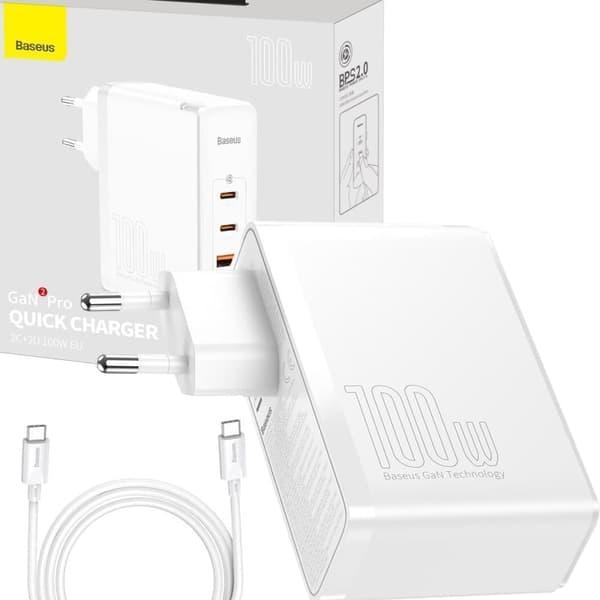 Baseus GaN2 Pro hurtiglader 100 W USB / USB Type C Hurtiglading 4+ Strømforsyning hvit (CCGAN2P-L02) Valkoinen