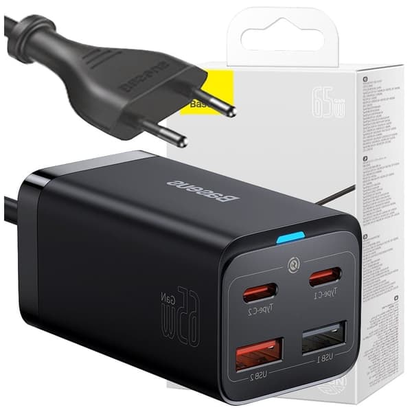Baseus GaN3 Pro rask GaN-lader 2 x USB Type C / 2 x USB 65W PD, QC4.0+, AFC, PPS + USB Type C - USB Type C-kabel 1m svart (CCGP040101)